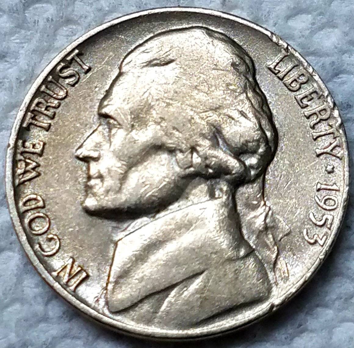 1953-D-Jefferson-Nickel-Struck-Through-Metal-Attached-@-